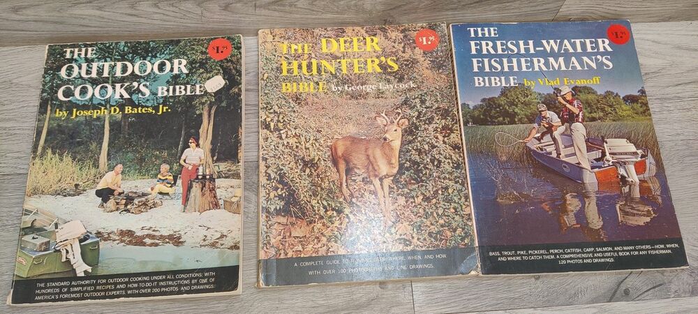 Lot of 3 Vtg Doubleday Books Deer Hunter Outdoor Cook Fresh Water Fisherman 60s